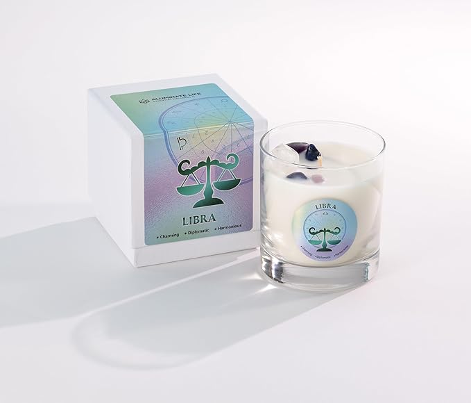 Luxury Glass Jar Candle, Libra Zodiac Sign, 8.8 oz - Crystal Infused - Scents of Marine, Rose, Cedar & Soft Musk - USA Made, Coconut-Soy Wax, Essential Oils, Dr. Developed