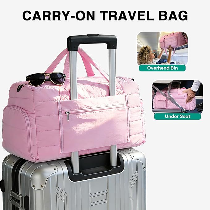Quilted Gym Bag for Women, Cute Travel Duffel Bag with Shoe Compartment & Wet Pocket, Lightweight Puffer Weekender Overnight Bag, Travel Carry On for Sport, Hospital, Yoga