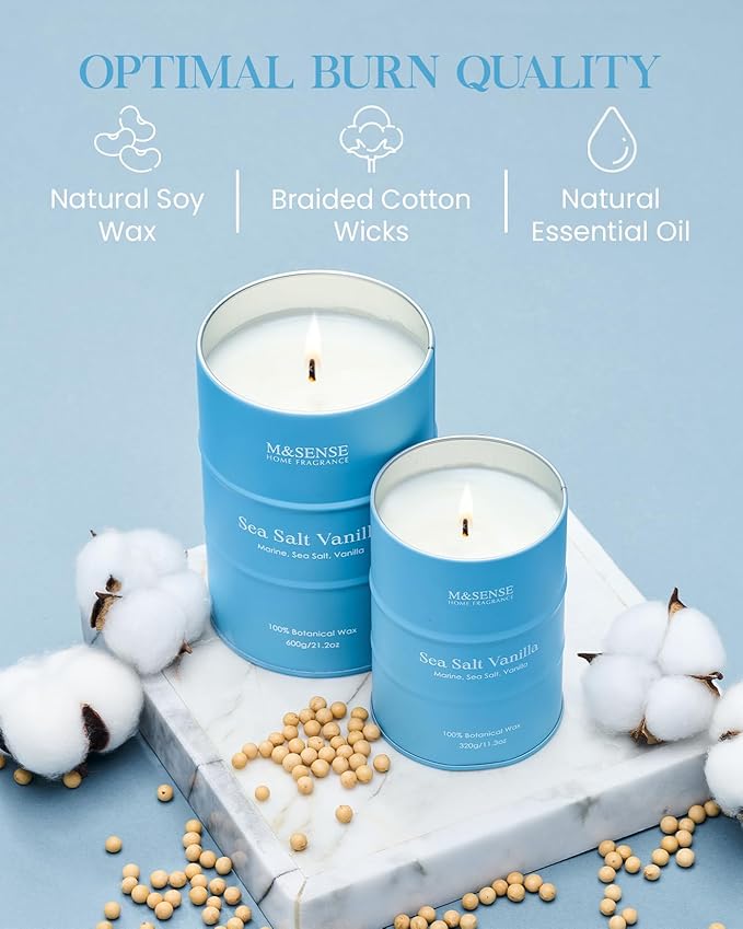 M&SENSE Sea Salt Vanilla Beach Scented Candles, Coastal Soy Candle, Summer Candle for Stress Relief Meditation Relaxing, Housewarming Gifts for Women Men, 11.3oz 70 Hour Long Burning