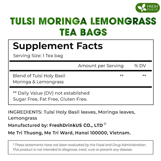 FreshDrinkUS, Premium 75 Tea Bags Tulsi Moringa Lemongrass, 100% Natural & Pure from Tulsi Holy Basil Leaves, Moringa & Lemongrass. Made with Natural Material Tea Bags. No Sugar, No Caffeine, Vegan.