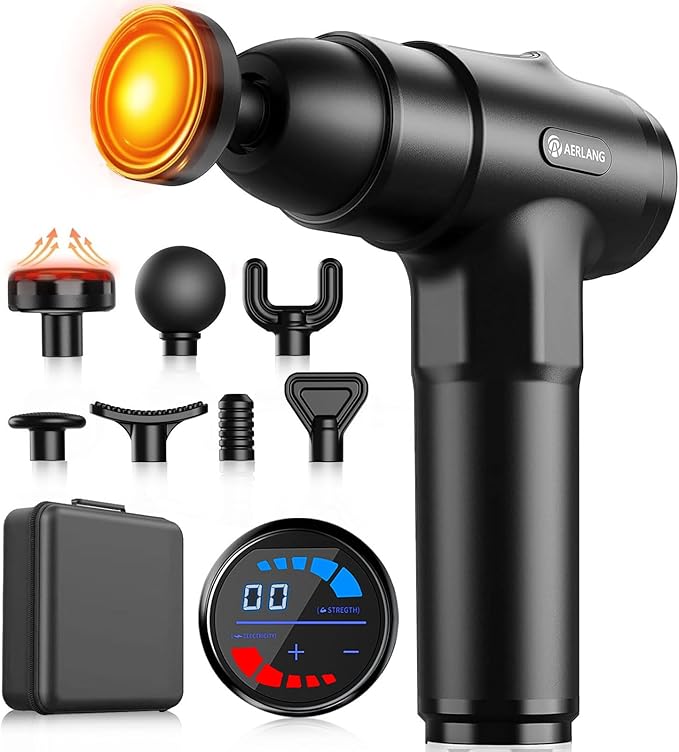 AERLANG Massage Gun with Heat Deep Tissue Back Massager Neck Massager for Pain Relief,Muscle Percussion Massage Gun, Birthday Gifts for Men Women Dad him Handheld Message Gun with 7Heads&Silent