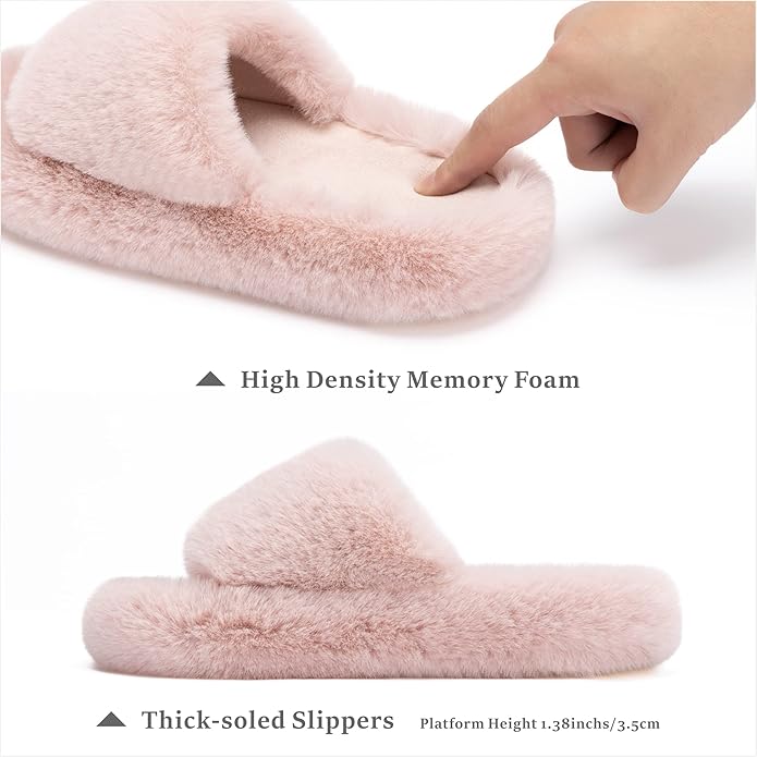 Chantomoo Women's Blue Memory Foam Faux Fur Lined Open Toe Slippers for Women - US 12