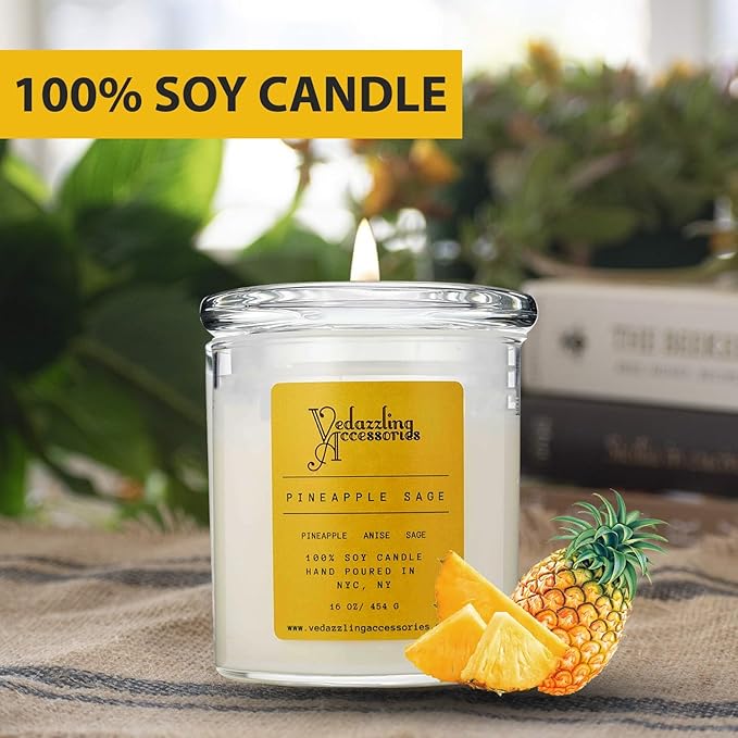 Premium Pineapple Sage Soy Wax Candle - 17 oz Handpoured, Dual Wick, 50 Hour Burn Time, Aromatic Eco-Friendly Candle