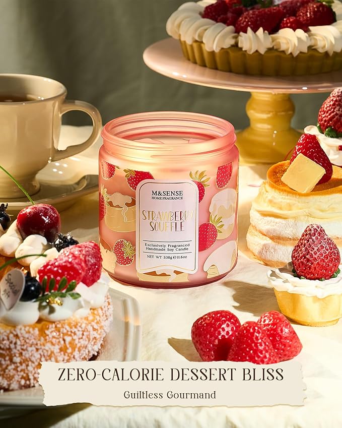 M&SENSE Strawberry Souffle Scented Candle, 11.6oz Natural Soy Wax Non Toxic, 2 Wick Jar Candle, Up to 70 Hours Clean Burn, Gifts for her to Creat a Sweet Ambiance