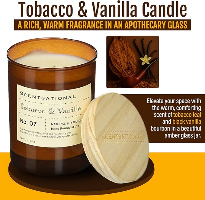 Scentsational Apothecary Tobacco & Vanilla Candle – 11 Oz Hand-Poured Soy Wax Jar Candle – Non-Toxic Luxury Candles for Home Décor & Relaxation – Warm Vanilla & Tobacco Scented Candles