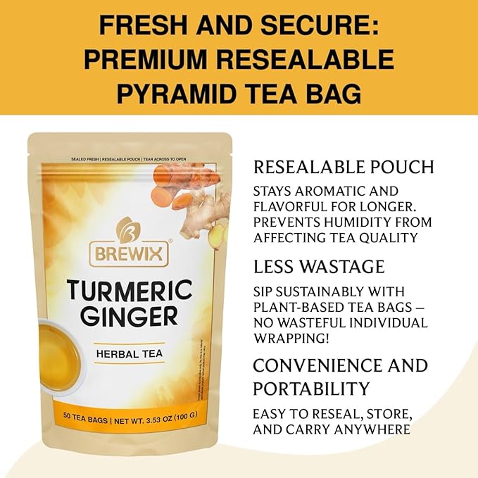 BREWIX, Turmeric Ginger Herbal Tea Bags (50 Pyramid Tea Bags) Caffeine-Free Ayurvedic Blend for Daily Wellness & Immune Balance | Daily Wellness Ritual | Gluten Free | Real Ingredients From India