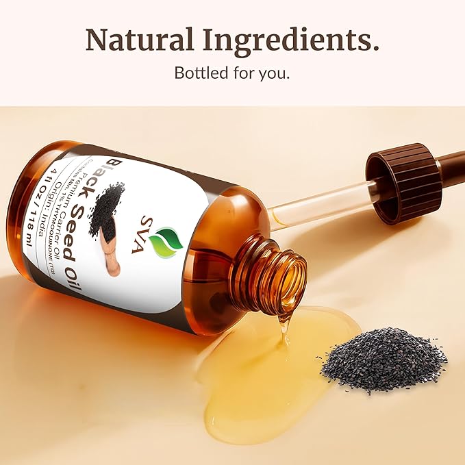 SVA Black Seed Oil - 4 Fl Oz – 100% Natural Cold Pressed Black Seed Oil - for Face, Skin Care, Hair Care, Scalp Massage & Body Massage – Carrier Oil with Dropper