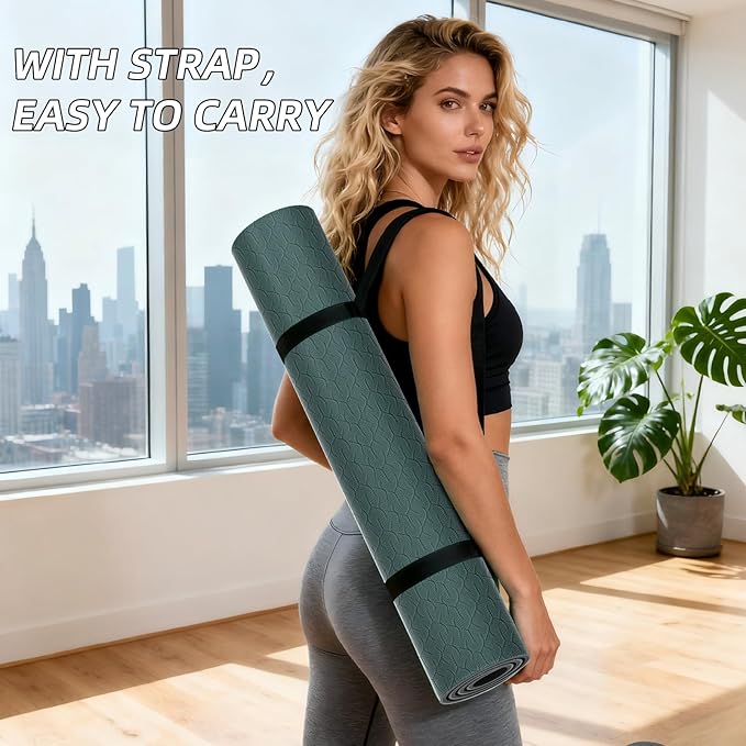 ILILI Yoga Mat 10mm Extra Thick and 193cm Extra Long, 76x28×0.4 Inch, Double Color Non-Slip TPE Material, Easy Carrying with Strap, Ideal for Yoga, Pilates, Floor Exercise, Home and Outdoor Use, Eco Friendly