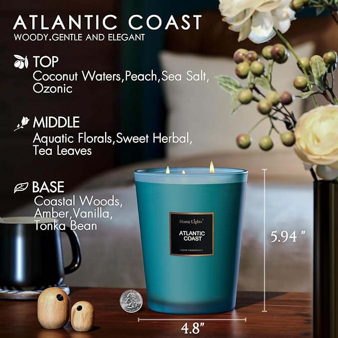 HomeLights Scented Candle | Large Jar Candle - 33.3 Oz. Natural Soy Aromatherapy Candles | Up to 130 Hours Burn Time with 3 Cotton Wicks,Home Decorative Fragrance Candles Gift - Atlantic Coast