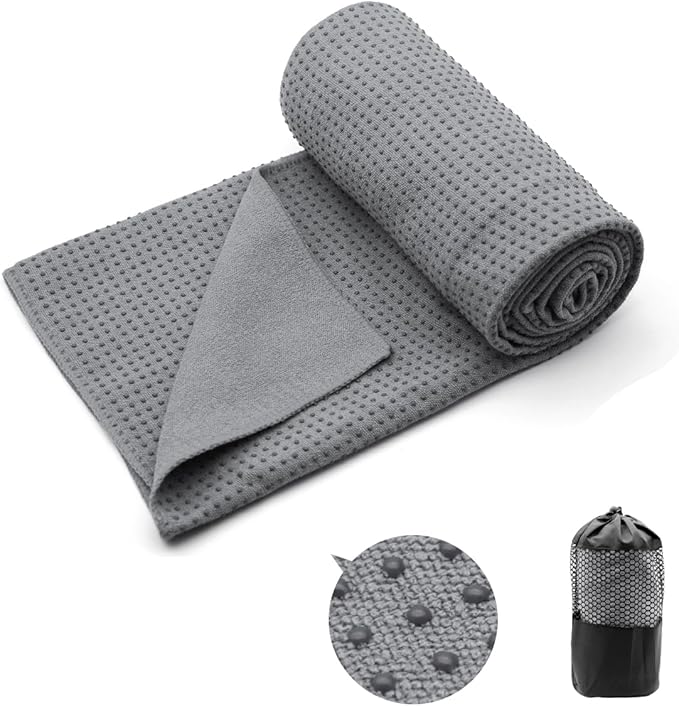 Eunzel Yoga Towel,Hot Yoga Mat Towel with Grip Dots Sweat Absorbent Non-Slip for Hot Yoga, Pilates and Workout 24" x72", Dark Gray