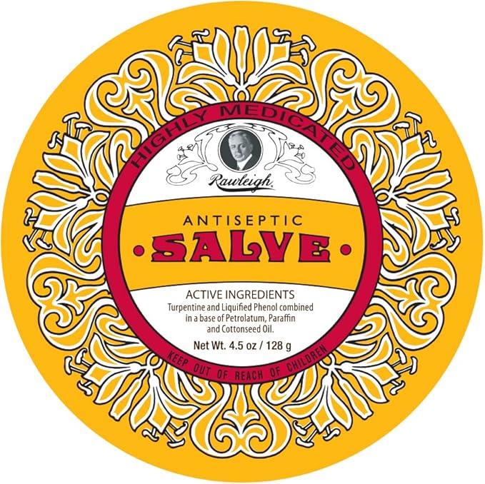 Rawleigh Antiseptic Salve Iconic Yellow Big Tin: 4.5 oz, Multi-Purpose Ointment Soothes Cuts, Bruises, Irritations, with Turpentine, Phenol, Cottonseed Oil & Paraffin, Original Formula - Pack of 3