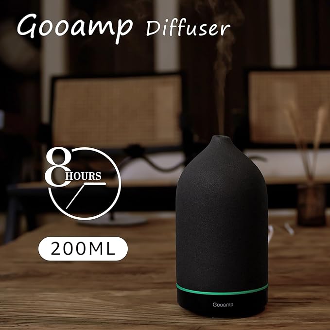 200ML Ceramic Essential Oil Diffuser - Ultrasonic Aromatherapy & Humidifier with 7-Color LED Lights, Auto Shut-Off, Black, 1H/3H/6H Timer | Scent for Home, Office, Yoga