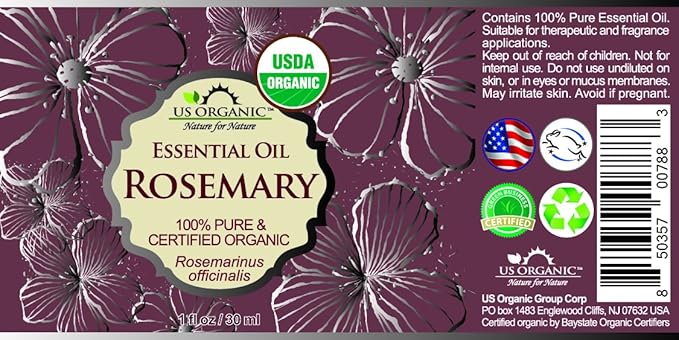US Organic 100% Pure Rosemary Essential Oil, USDA Certified Organic 100% Pure, Steam Distilled, for Hair Growth, Scalp, Face, Skin, and Aromatherapy (Size Variations Available) (30 ml)