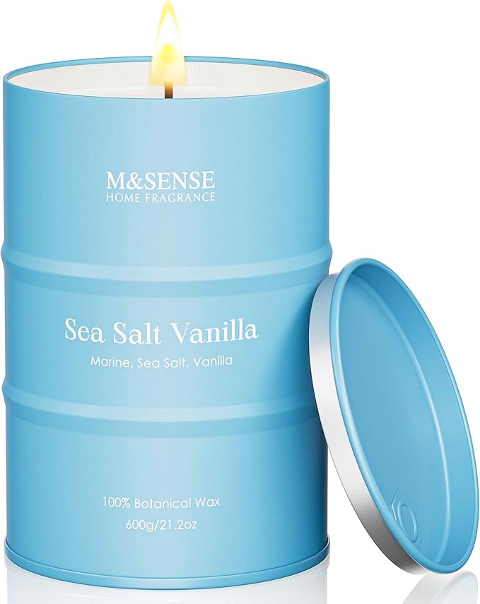 M&SENSE Sea Salt Vanilla Scented Candles Large Beach Candle, Natural Soy Summer Candles 21.2oz 120 Hour Slow Burning,Aromatherapy Candle for Stress Relief Meditation Relaxing