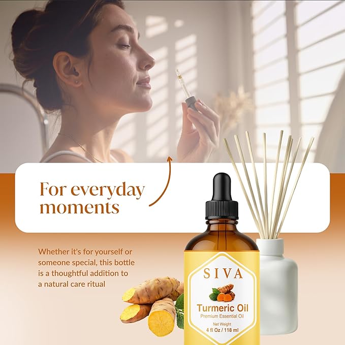 Siva Turmeric Essential Oil - 4 Fl Oz – 100% Natural Turmeric Oil - for Diffuser, Face, Skin Care, Aromatherapy, Hair Care, Scalp and Body Massage - with Dropper