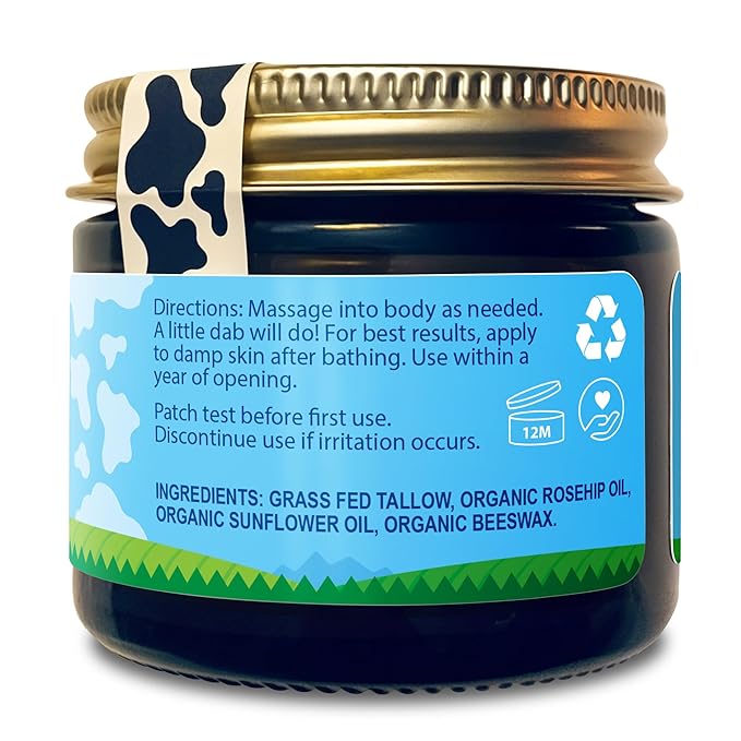 Organic Beef Tallow Balm with Rosehip Oil | Unscented 2 oz – Hand Made in USA 100% Grass-Fed Beef Tallow Moisturizer for Face & Body, Baby, Eczema, Acne-Prone & Sensitive Skin
