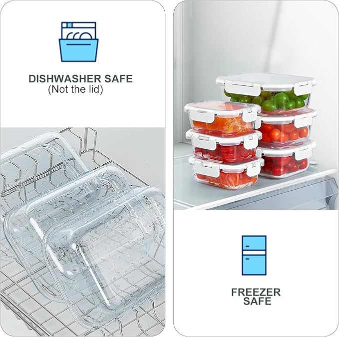 KOMUEE 10 Pack Glass Food Storage Containers, Meal Prep Containers with Lids, Airtight Glass Lunch Boxes, Freezer, Oven, and Microwave Safe, White