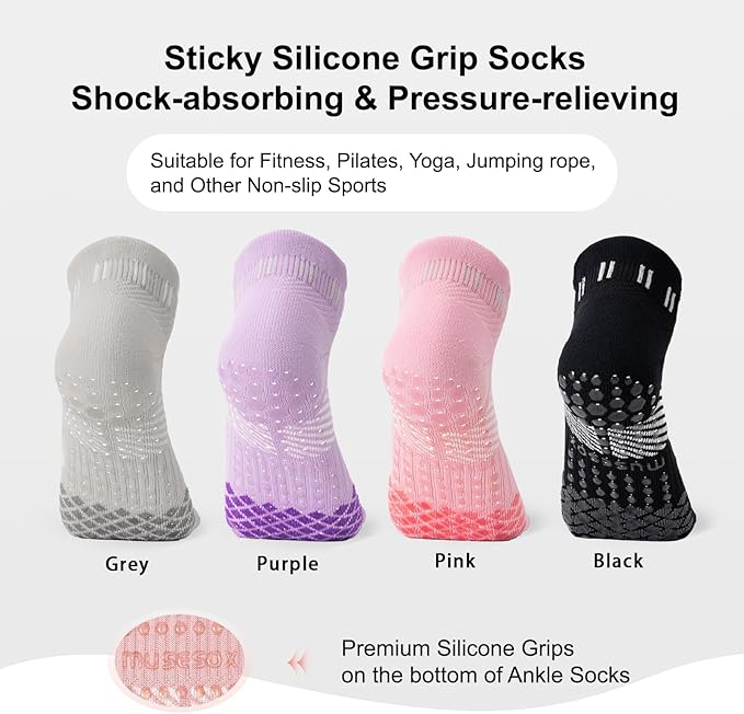 musesox 4 Pairs Non-Slip Pilates Socks for Women with grips,Grippy Ankle Socks for Yoga,Barre,Hospital,Gym,Dance