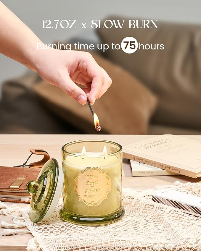 M&SENSE Basil Ginger Scented Candles, Plant-Based Soy Candles Non Toxic Soot-Free, Relaxing Air Purifying Stress Relief on Bathtub, 2 Wick 12.7oz Large Jar Candle 75 Hour Long Lasting, Father Gifts