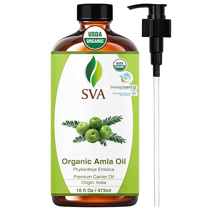 SVA Amla Oil Organic - 16 Fl Oz – 100% Natural Cold Pressed Organic Amla - for Face, Skin Care, Hair Care, Scalp Massage & Body Massage – Carrier Oil