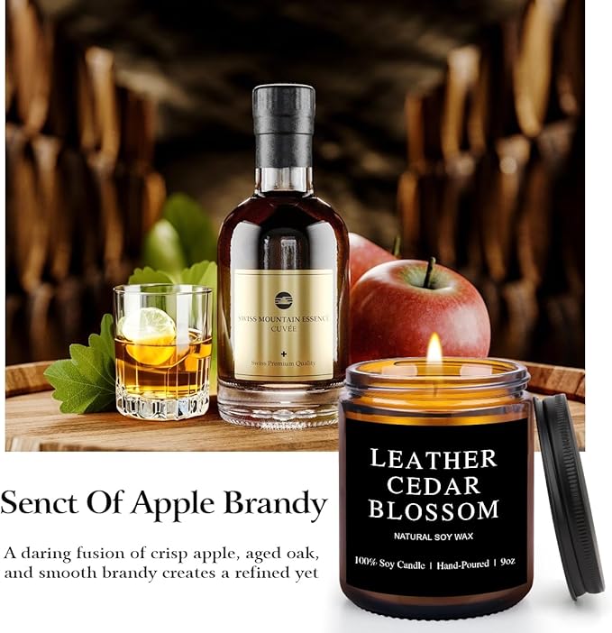 Scented Candles for Men - Apple Brandy Barrel Scent | 50Hr Burn Soy Wax in Brown Glass - Man Cave Gifts, Birthday for Him, Father's Day Gift (9oz)