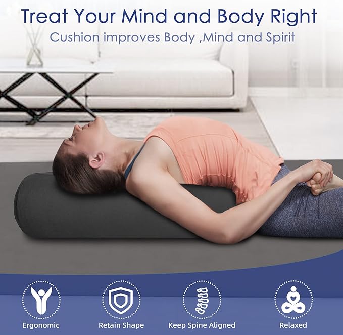 FelizMax Organic Buckwheat Bolster(24X9 in) Yoga Bolster Supportive Yoga Cushion for Restorative Yoga Accessories Meditation Pillow Reading Pillow Floor Pillow Large Round Cylinder