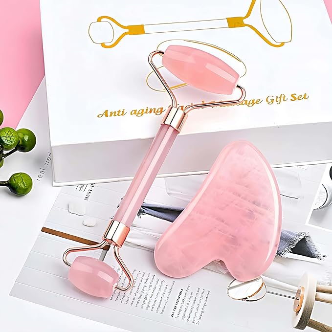Jade Roller Massage Stick & Gua Sha Set - 100% Natural Stone Facial Massage Tools for Lymphatic Drainage, Anti-Puffiness & Glowing Skin, Spa-Quality Skincare, Gift-Ready Packaging