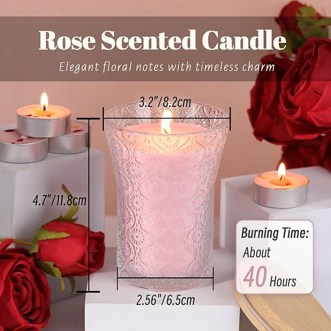 Rose Scented Candle, Soy Jar Candles Gift for Women,8 OZ Aromatherapy Pink Candles for Galentines Valentines Mother's Day, Home Decor
