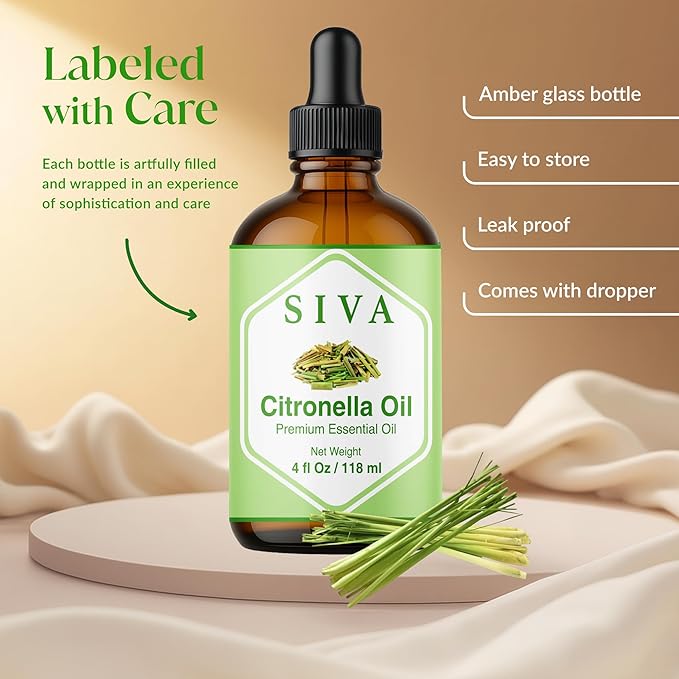 Siva Citronella Essential Oil - 4 Fl Oz – 100% Natural Citronella Oil - for Diffuser, Face, Skin Care, Aromatherapy, Hair Care, Scalp and Body Massage - with Dropper