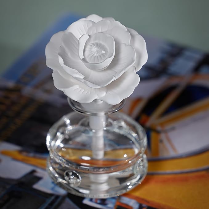 Zodax Grand Casablanca Porcelain Oil Diffuser - Home Fragrance Oil Diffuser Ideal for Living Room, Bathroom, Office - Flower Design - Gift Box Packaging Included - Tahitian Gardenia - 1.69 Oz.