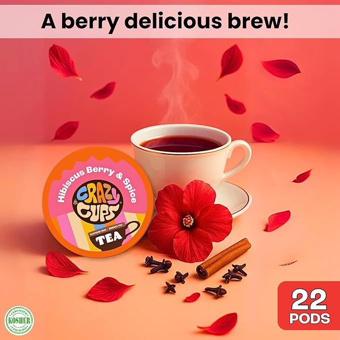 Crazy Cups Hibiscus Berry & Spice Herbal Tea Pods, 22 Count, Kosher Certified, Fruity & Spiced Blend with Cinnamon, Ginger & Clove | K Cup Compatible, Hot or Iced Herbal Tea