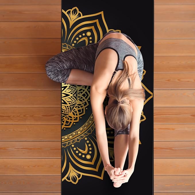 Colorful Star Yoga Towel with Corner Pockets, Non Slip Grip Dots Sweat Absorbent Hot Yoga Mat Towels, Soft Yoga Blankets with Travel Bag, Mat Cover for Workout, Gym, Fitness - 70"x26", Gold Mandala