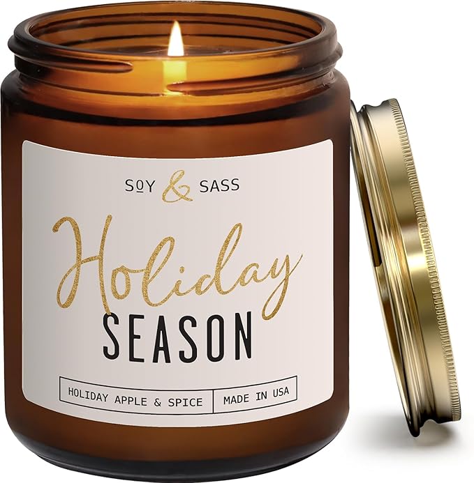 Holiday Candles, Christmas Candles Scented – ‘Holiday Season’ Soy Candle, w/Apple, Cinnamon & Clove - Infused with Essential Oils I Holiday Candle I 9oz, 50Hr, Made in USA