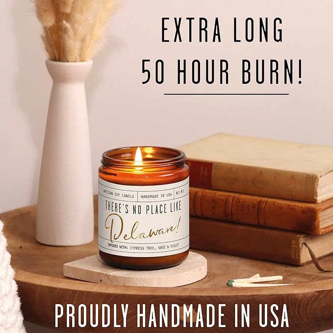 Delaware Gifts, Delaware Decor for Home - 'There's No Place Like Delaware Candle, w/Cypress, Sage & Citrus I Delaware Souvenirs I Delaware State Gifts I 9oz Jar, 50Hr Burn, USA Made