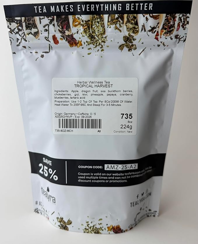 Tealyra - Tropical Harvest - Dragon Fruit - Sea Buckthorn - Goji - Pineapple - Cranberry - Fruity Herbal Loose Leaf Tea - Caffeine Free - Hot or Iced - 224g (8-ounce)