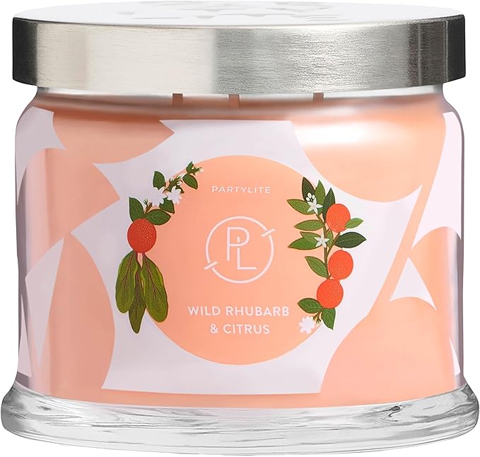 PartyLite Wild Rhubarb & Citrus Scented, Notes of Jasmine, Rhubarb and Creamy Sandalwood and White Musk, 13.2oz 3-Wick Jar Candle, 45 Hour Burn Time, Luxurious Fragrance, Ideal for Gifting