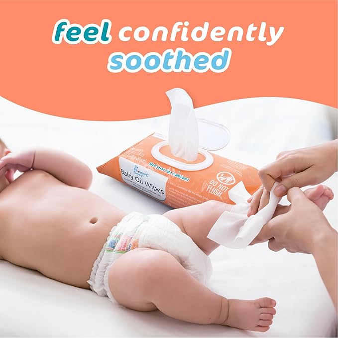 The Pharma-C Company Baby Oil Wipes. (60 Wipes) Enriched with Almond and Sunflower Oils, Aloe and Vitamin E.