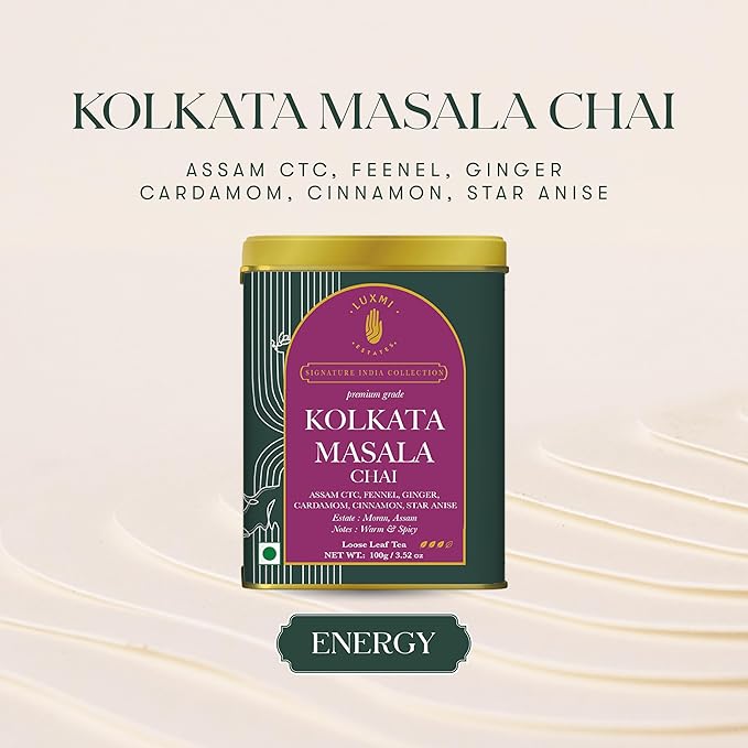 Luxmi Estates Kolkata Masala Chai | 100 gm | Signature India Collection | Assam CTC Tea | Black tea collection | Organic Strong tea | Antioxidants | Assam Valley tea | Fennel, Ginger Tea, Cardamom, Cinnamon, Star Anise