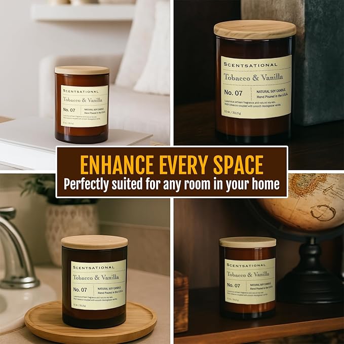 Scentsational Apothecary Tobacco & Vanilla Candle – 11 Oz Hand-Poured Soy Wax Jar Candle – Non-Toxic Luxury Candles for Home Décor & Relaxation – Warm Vanilla & Tobacco Scented Candles