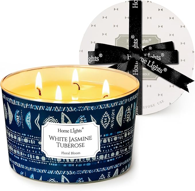 HomeLights Scented Candles for Women & Men, 18oz Candle Jars Aromatherapy 4-Wick Candle, Ideal for Bohemian Natural Textures Home Decor and Gifts, White Jasmine Tuberose