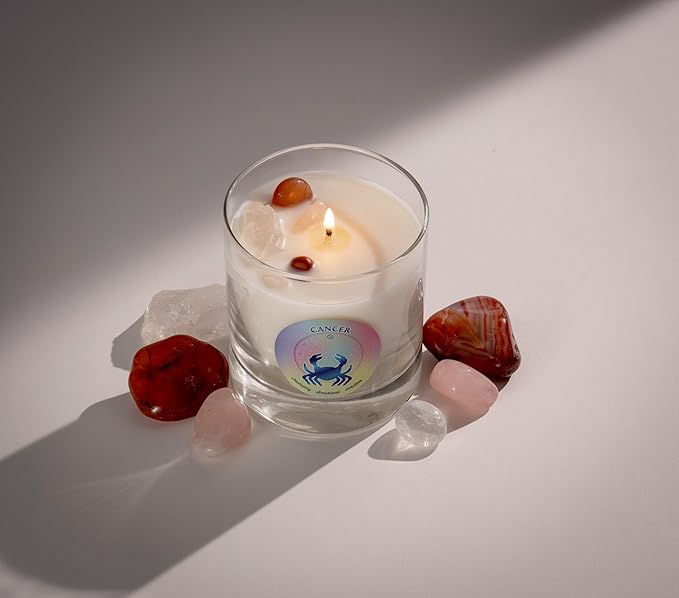 Luxury Glass Jar Candle, Cancer Zodiac Sign, 8.8 oz - Crystal Infused - Scents of Lime, Coconut, Driftwood & Vanilla - USA Made, Coconut-Soy Wax, Essential Oils, Dr. Developed