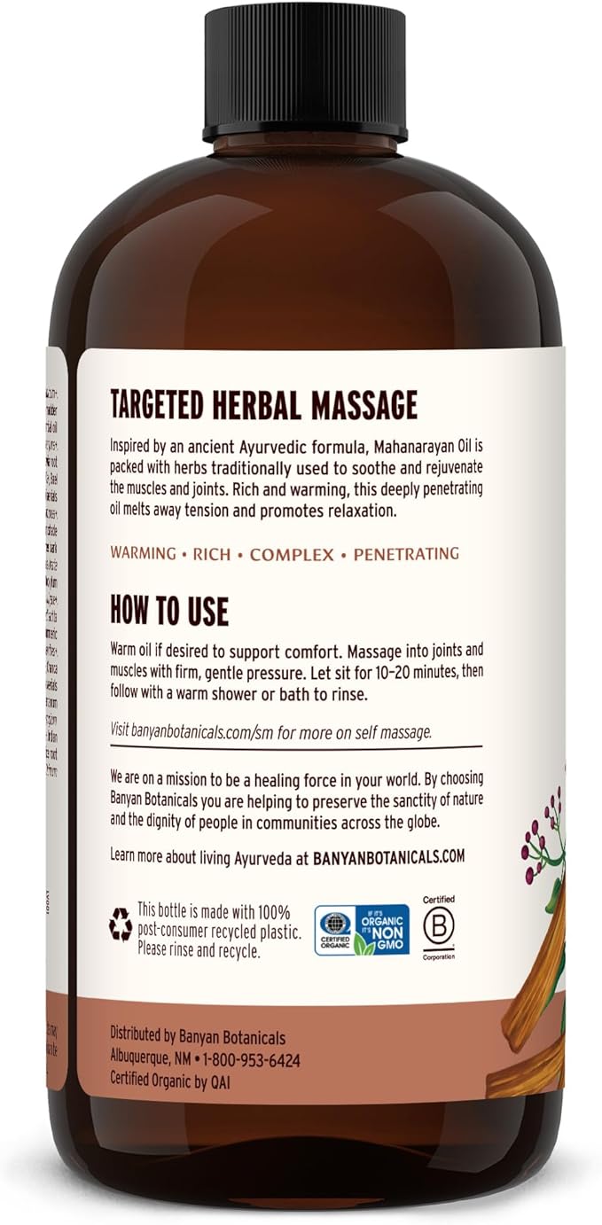 Banyan Botanicals Mahanarayan Oil – 99% Organic Ayurvedic Massage Oil – Penetrating Herbal Oil Used to Warm, Comfort, and Soothe Joints and Muscles – 24 oz. – Non GMO Sustainably Sourced Abhyanga Oil