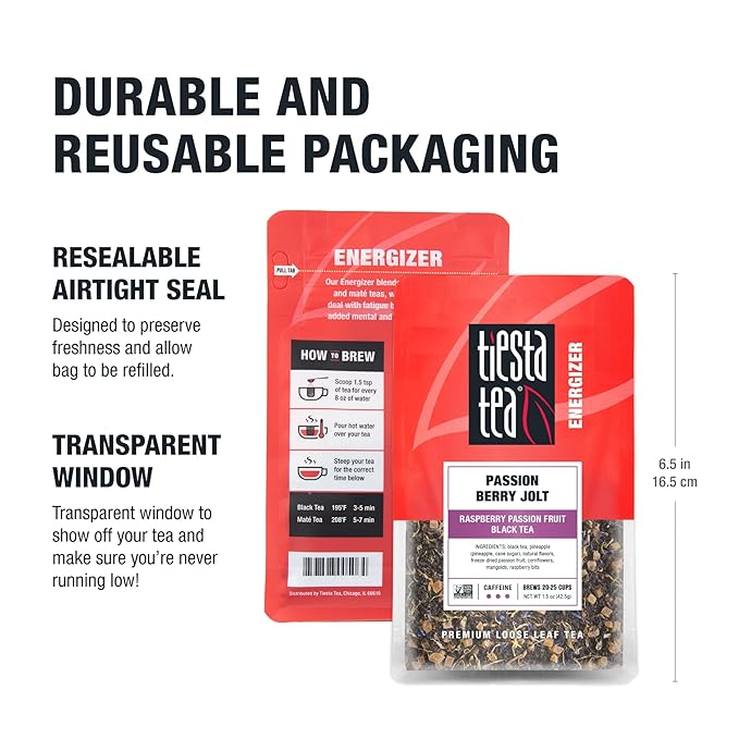 Tiesta Tea Passion Berry Jolt, Premium Loose Leaf, Classic Black Tea Blends, Raspberry Passion Fruit Black Tea, High-Caffeine, Hot or Iced Brews Up to 25 Cups, 1.5 Ounce Resealable Pouch