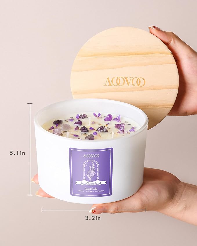 AOOVOO Lavender Scented Candles for Women - 20oz 3 Wick Soy Candles for Home Scented, Aromatherapy Candle with Crystals Inside, Birthday Gifts Christmas Candle for Women Mom