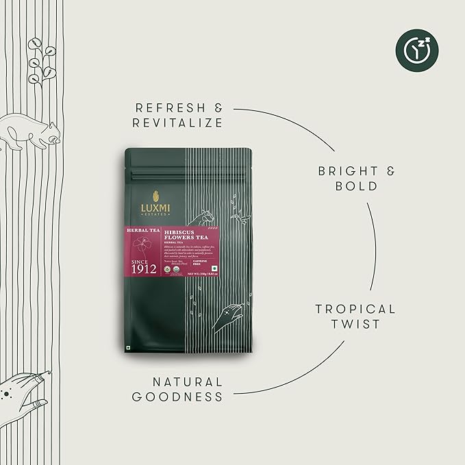 Luxmi Estates - Pure Hibiscus Herbal - Organic Hibiscus Tea - Loose Leaf - 250g (125 cups) | With Organic Hibiscus Flowers | Single Ingredient | Helps with Blood Pressure and Imrpove Heart Health