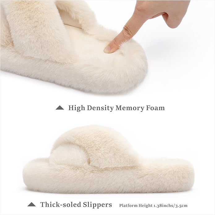 Chantomoo Women's Blue Memory Foam Faux Fur Lined Open Toe Slippers for Women - US 12