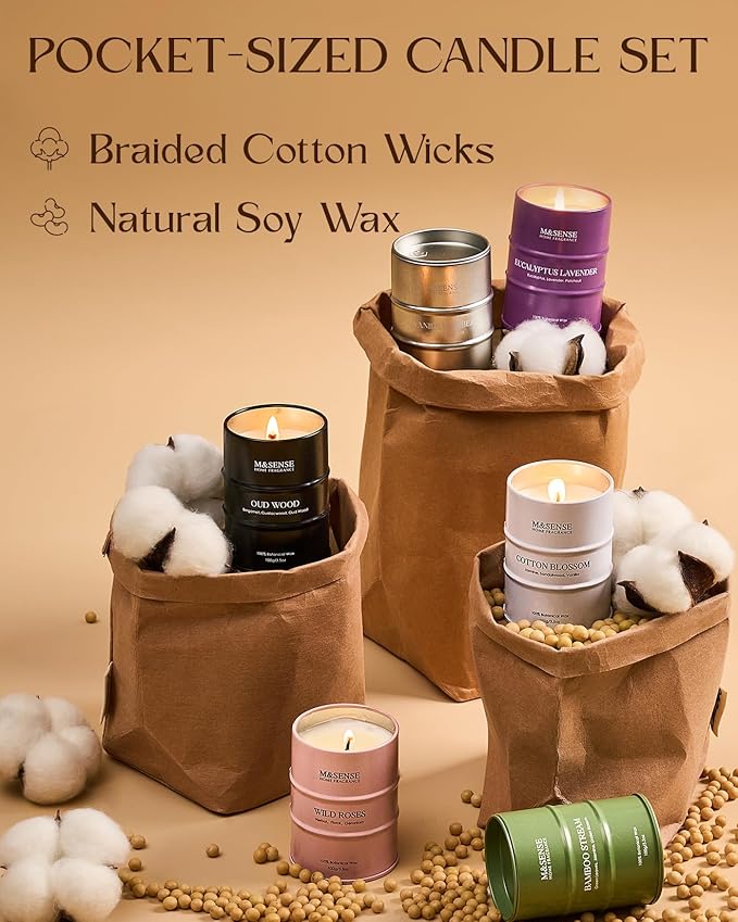 Fall Candle Gift Set | Mini Scented Candles Set | 6 Pack Candles for Home Scented,Oud Wood,Cotton Blossom,Vanilla Amber,Bamboo Rose Lavender Candle,Gift Set for Women and Men,Soy Wax 21 oz 105 Hour