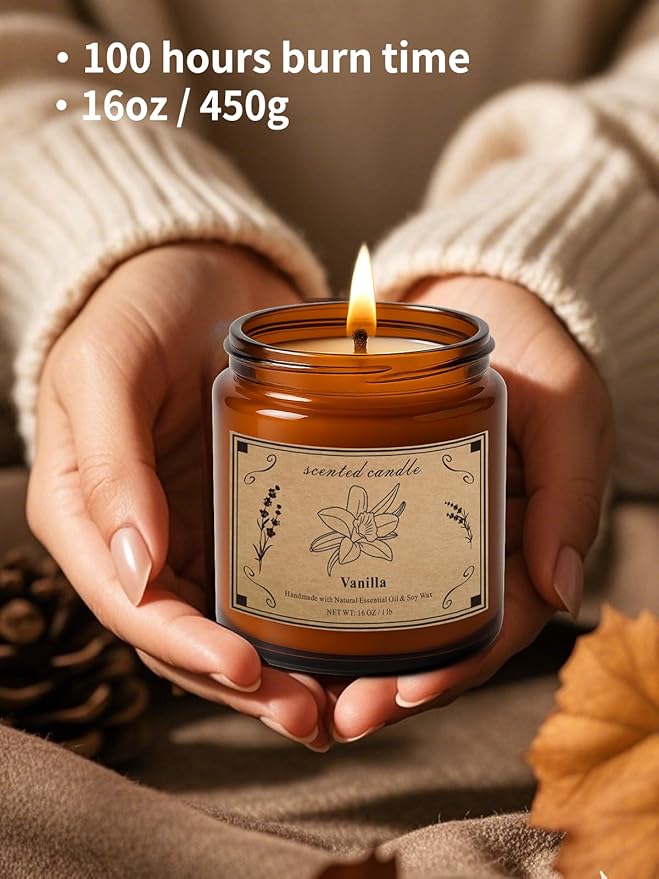 Scented Candles for Home, 16oz Large Amber Jar Scented Candle – Vanilla Soy Wax Candle with 100 Hour Burn Time, Long Lasting Aromatherapy Candle for Relaxing Home Fragrance & Gift Giving