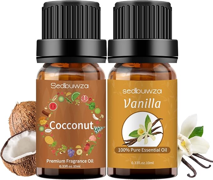Sedbuwza Vanilla Coconut Essential Oil Set, Vanilla Fragrance Oil Coconut Scent Oil Set for Diffuser, Aromatherapy, Massage, Soap, Candle Making 2 x 10 ml