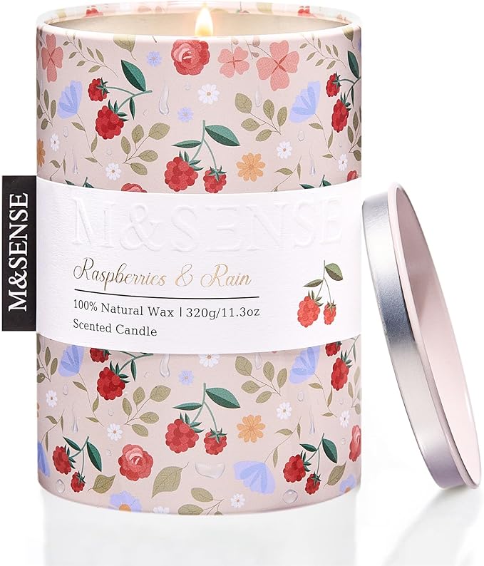 M&SENSE Raspberries Rain Scented Candle, Medium Jar Candle 11.3oz Natural Soy Wax for Home Scented, Floral Candles Gift for Spring Holiday, Up to 70 Hours Burning Long-Lasting Fragrance
